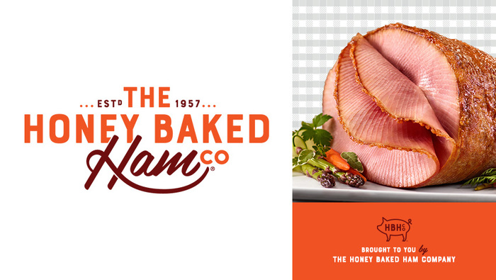 Sliced ham on plate with The Honey Baked Ham Co.® Logos