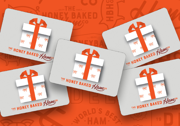 5 Gray The Honey Baked Ham Gift Co. cards against orange HoneyBaked patterns with various HBH logos and text.