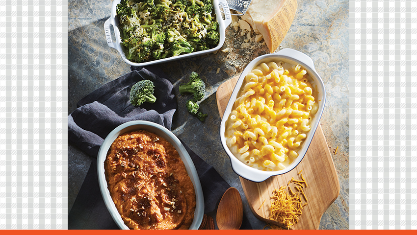 Photo of broccoli, macaroni and cheese, and sweet potato dishes